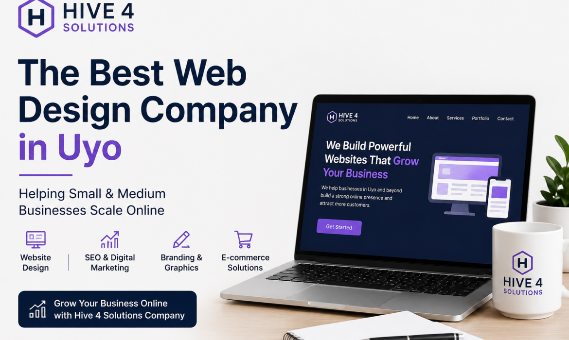 A clean promotional banner for Hive 4 Solutions showing a laptop displaying a business website, with the headline “The Best Web Design Company in Uyo.” The design highlights services like website design, SEO, branding, and e-commerce solutions for small and medium businesses.